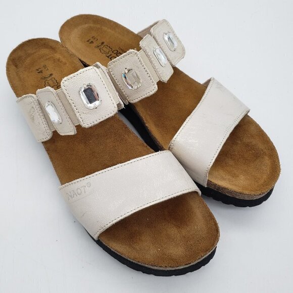 NAOT Ashley Women's Shimmery White Leather Rhinestone Cork Slide Sandals US 10 - Picture 1 of 9